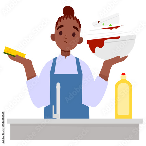 Woman mother in apron Overwhelmed by Dirty Dishes