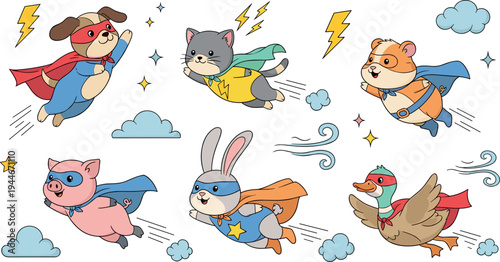 Cute superhero pet animal vector set with flying dog cat hamster pig rabbit and duck wearing capes and masks,