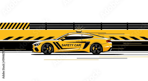 Yellow safety car driving on a racing track with caution stripes