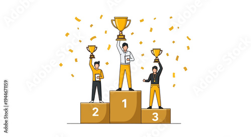 Three men standing on a podium holding trophies in a celebratory atmosphere