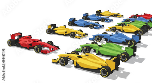 Racing cars lined up in a row on a white background