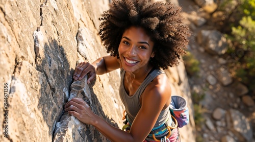 Smiling young Black woman rock climbing on a natural cliff. Active female climber with afro hair wearing a harness and chalk bag on a sunny day