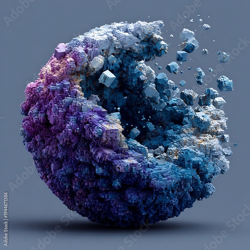 Dynamic Abstract Sphere of Disintegrating Voxels Representing Digital Transformation and Complex Data Structures in a Modern Technological Landscape