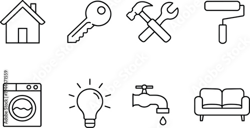 Set of 8 Outline Home Improvement and Household Maintenance Vector Icons for Real Estate, Repair, and Property Management Websites