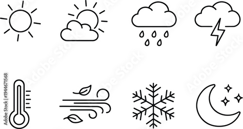 Set of 8 Outline Weather Forecast Icons Vector, Featuring Sun, Clouds, Rain, Thunderstorm, Thermometer, Wind, Snowflake, and Moon with Stars for Web and Mobile UI Design
