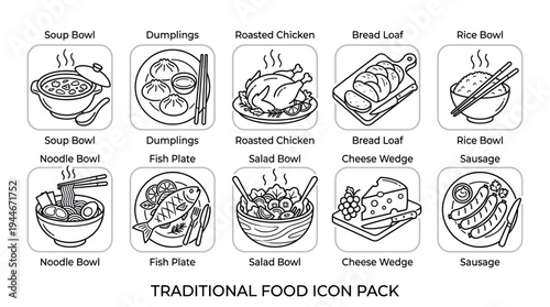 Collection of line art food icons featuring soup, dumplings, chicken, bread, rice, noodles, fish, salad, cheese, and sausage, ideal for menu design or culinary concepts.