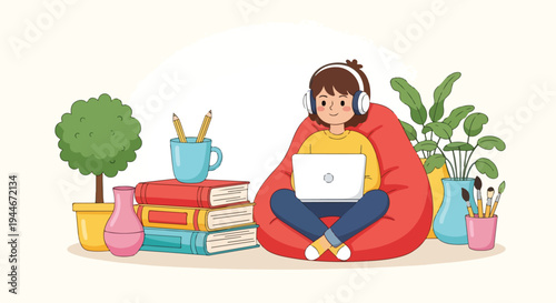 Young woman wearing headphones relaxes comfortably on a large bean bag chair while working diligently on her modern laptop device on transparent background. on transparent background