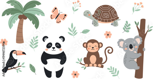 Cute tropical animal vector set with panda koala monkey turtle and toucan plus palm tree and floral elements,