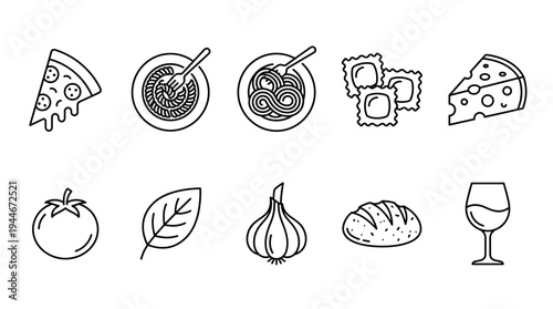 Italian food icons set including pizza, pasta, ravioli, cheese, tomato, basil, garlic, bread and wine in a simple black and white outline style.