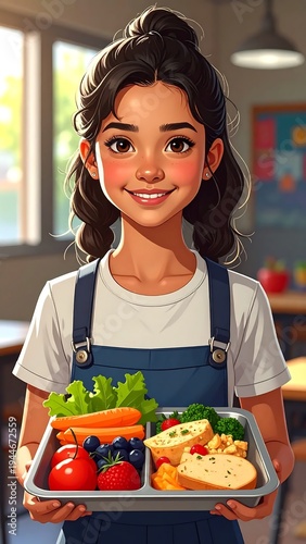 Cartoon Girl with Healthy School Lunch - A Nutritious Meal.