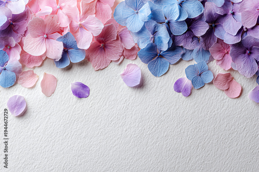 Obraz premium Pastel Hydrangea Petals Border on Textured White Paper — Soft Pink, Blue and Purple Florals for Wedding Invitations, Cards and Stationery