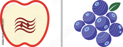 A stylized vector set featuring a red apple silhouette with wavy musical note details and a cluster of vibrant blue blueberries, separated by a vertical grey line on a white background.