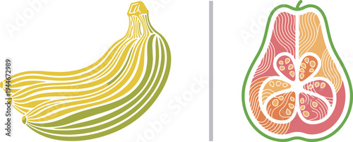A stylized yellow and green bunch of bananas with wavy line textures alongside a vibrant pear cross-section featuring intricate pink and orange patterns and small seeds.