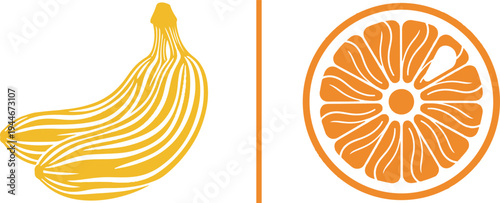 Stylized vector art featuring a pair of wavy-line yellow bananas and a vibrant orange citrus slice, separated by a vertical orange line on a white background.