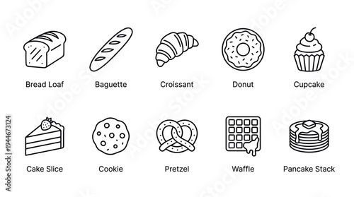Collection of minimalist line icons depicting baked goods including bread, croissant, donut, and waffle isolated on a white background, useful for menus, websites, and illustrations.