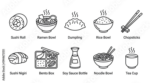A collection of outlined Japanese food icons, including sushi, ramen, dumplings, and chopsticks, displayed on a white background in a minimalist style. Perfect for food blogs and menus.