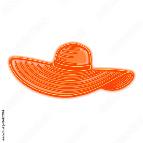 orange neon sun hat illustration with glowing effect. vibrant wide brim summer hat icon isolated on white background for beach party and seasonal fashion design
