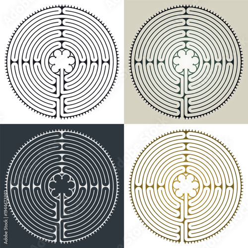 4 Motifs Labyrinthe Cathédrale de Chartres Illustration Vecteur - Symbolisme Méditation Histoire - Motif Floral - Géometrie Sacrée