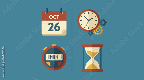 Calendar, clock, stopwatch, and hourglass icons, symbolizing time measurement and management.