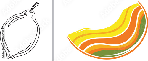 A minimalist black-line lemon illustration next to a vibrant, wavy-line vector of a melon slice in shades of yellow and orange, separated by a vertical grey line.