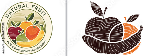 A "Natural Fruit" emblem featuring a variety of fruits alongside a textured, wavy-line vector illustration of an apple, orange, and banana, separated by a vertical grey line.
