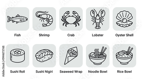 Vector illustration set showcasing diverse seafood and Asian food icons, including fish, sushi, ramen, great for menus or food-related designs.