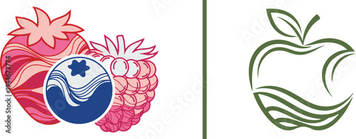 Stylized vector art featuring a trio of wavy-line berries (strawberry, blueberry, raspberry) beside a minimalist, green-lined apple silhouette, separated by a vertical green line.