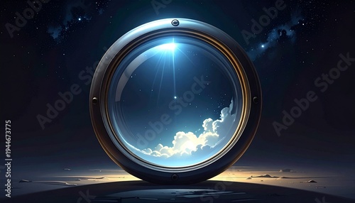 Futuristic glowing planet orb in space with security ring and cosmic clouds