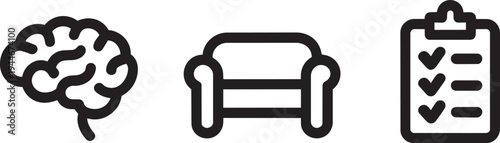 Brain, Armchair, and Checklist Icons for Psychology, Therapy, and Mental Health