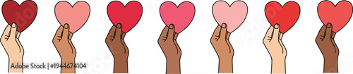 Diverse hands holding hearts vector illustration symbolizing unity, love, inclusivity, acceptance, diversity, and compassion