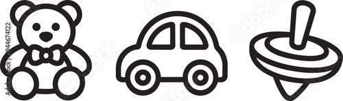 Classic children's toys vector illustration set with teddy bear, car, and spinning top