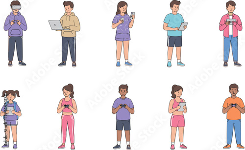 Diverse people using digital devices vector illustration with smartphones, tablets, laptops, VR headsets, modern technology, and online activity