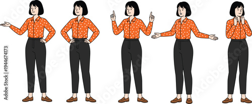 Expressive woman character vector illustration with multiple poses, gestures, emotions, presenting, explaining, confidence, and contemplation