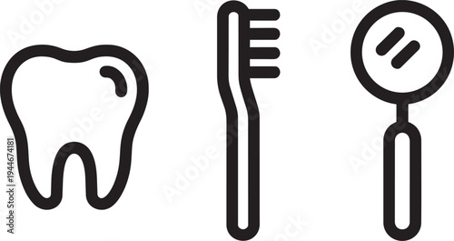Dental care tools line art illustration with tooth, toothbrush, and mirror icons
