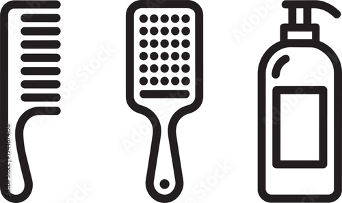 Hair care accessories set: comb, paddle brush, and pump bottle line art vector illustration