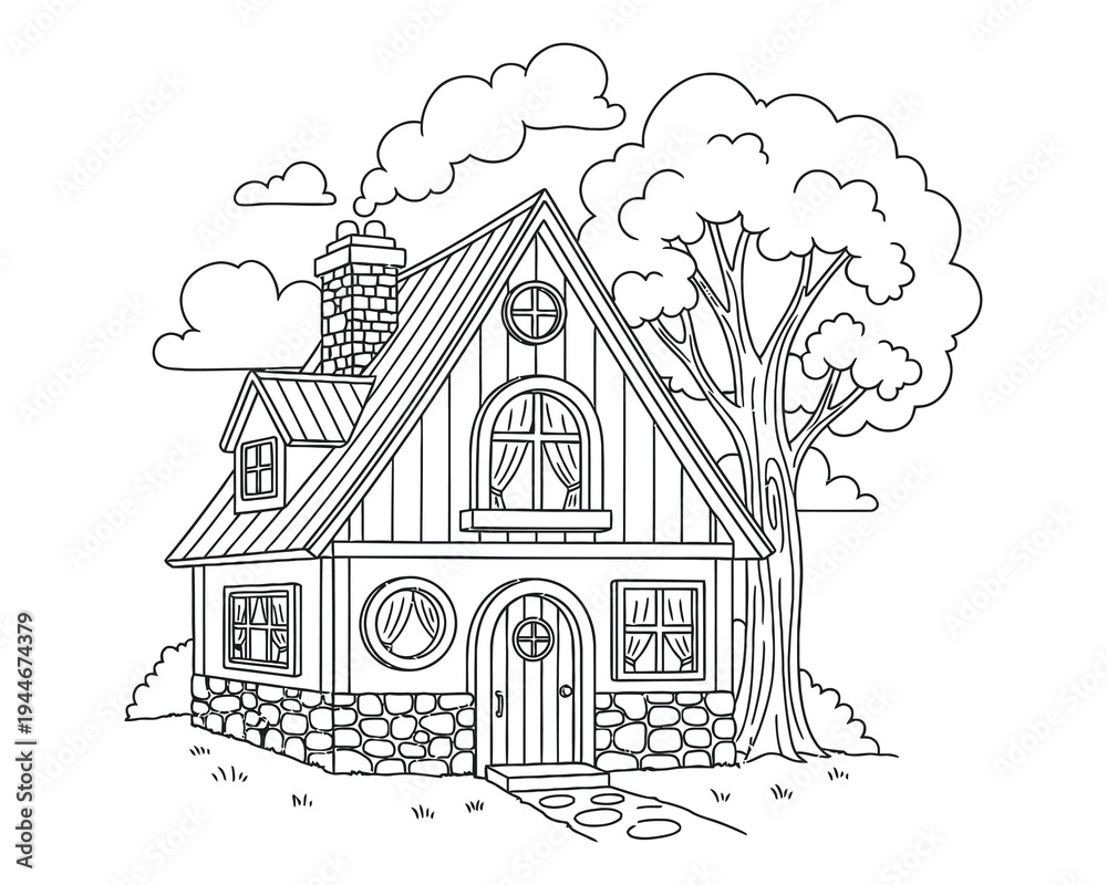 Fototapeta premium A black and white drawing of a charming two story house with a tree and stone wall
