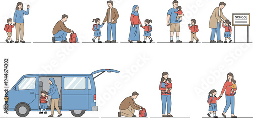 Parents and children school drop‑off and pick‑up vector illustration with backpacks, family support, daily routine, and education theme