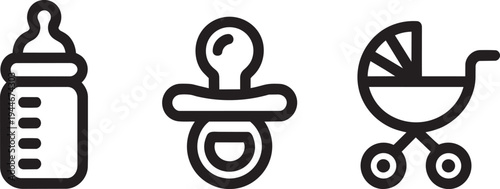Newborn Essentials Icons: Feeding Bottle, Pacifier, and Stroller Vector Set