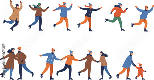 People ice skating vector illustration with winter clothing, outdoor recreation, pairs, family activity, and seasonal enjoyment