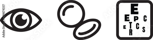 Ophthalmology icons: human eye, contact lenses, and Snellen vision test chart graphic