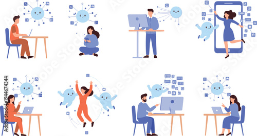 People using virtual assistants vector illustration with AI helpers, laptops, mobile devices, cloud icons, and digital technology