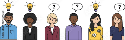 People with ideas and confusion vector illustration showing light bulbs, question marks, teamwork, problem solving, and creativity