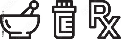 Pharmacy and Healthcare Icons Vector Set: Mortar, Pill Bottle, and Rx Symbol