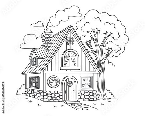 A black and white drawing of a charming two story house with a tree and stone wall
