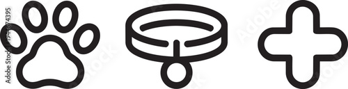 Pet Care Line Art Icons: Paw Print, Collar, and Veterinary Cross Symbols