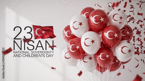 Turkey 23 Nisan National Sovereignty and Children’s Day Celebration Image with Turkish Flag Balloons and Red Confetti Background