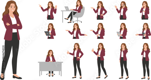 Professional woman character vector illustration with multiple poses, laptop, phone, presenting, thinking, and workplace activities