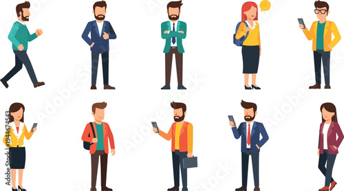 Flat vector character set of business people in casual suits walking standing and using smartphones isolated on white