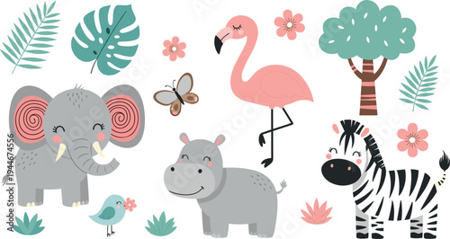 Cute tropical safari animal vector set featuring elephant flamingo hippo and zebra with palm leaves and flowers for nursery
