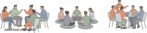 Set of people sitting in circles for group therapy support sessions and team collaboration meetings vector illustration.